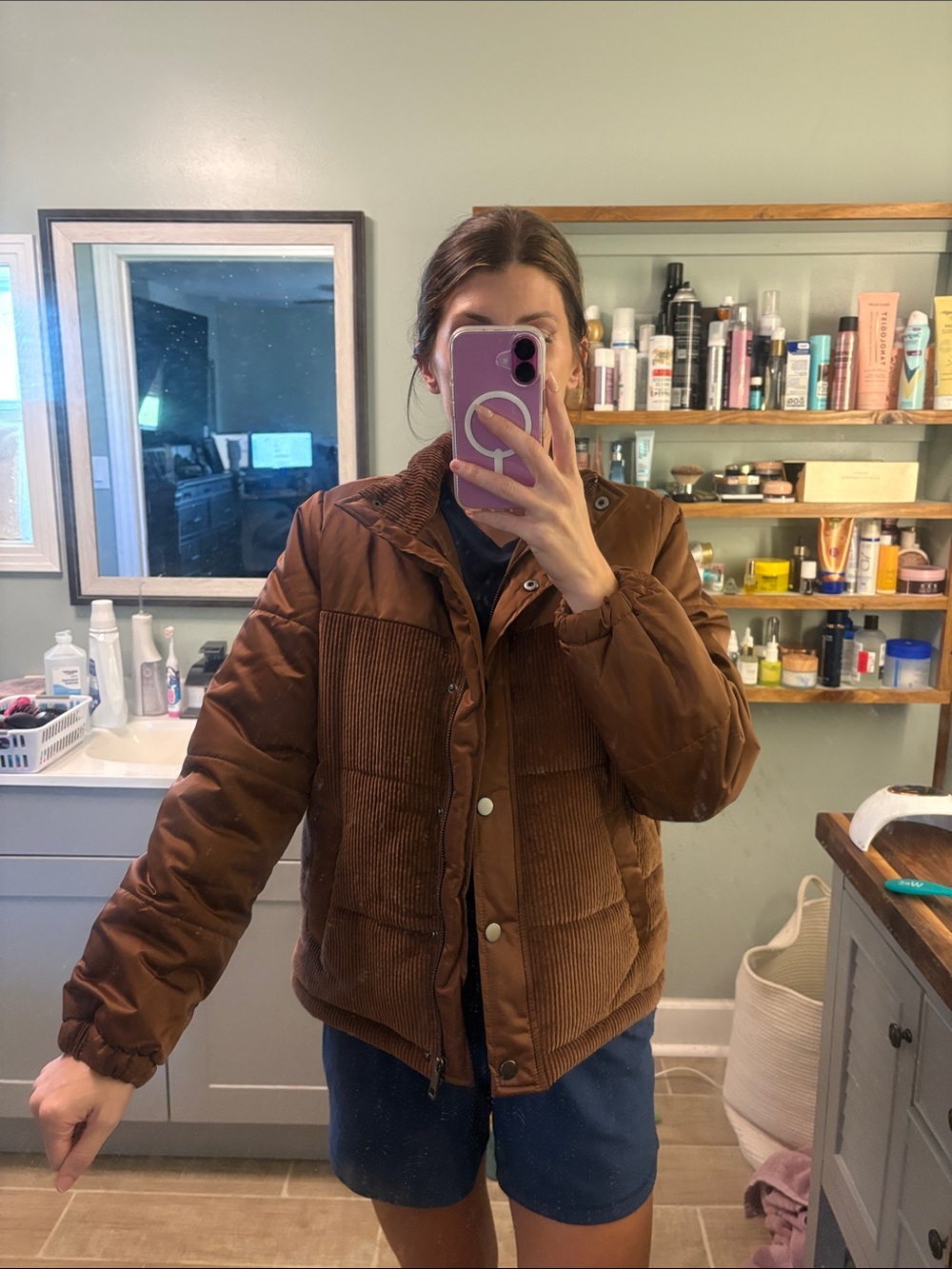 Time and Tru Brown Corduroy-Panel Puffer Jacket